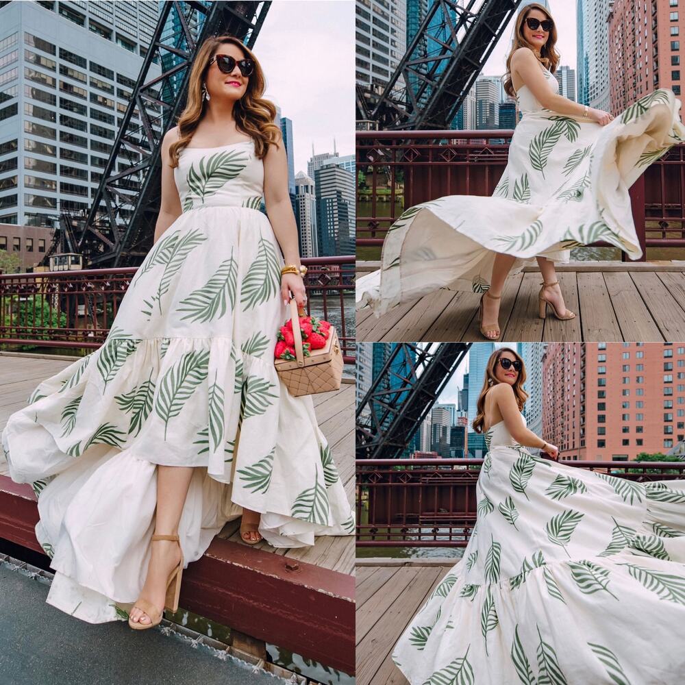 Mestiza Cleo Ballgown Cream Green Palm Leaf High Low Linen Wedding Formal Size 6